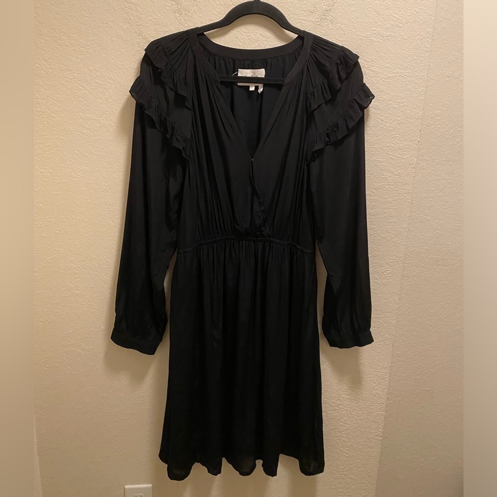 Ba&Sh Black Long Sleeve Ruffle Detail Split Neck Crossover Mini Dress Size L